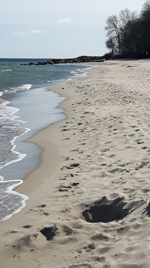 Une plage où l’on peut voir des empreintes de pas dans le sable et les vagues qui viennent lécher le rivage.