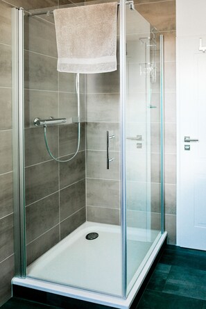 Shower, hair dryer, towels, soap