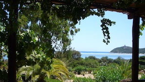 Un jardín con un sendero que conduce a una vista de la playa.