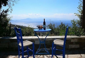 A table with a bottle and a bowl, two blue chairs, and a view of the sea and mountains. - detached holiday house, calmly located in an olive grove (Thessalien)