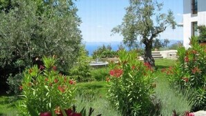 Ein angelegter Garten mit roten Blüten, einer Fontäne und Blick auf das Meer.