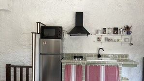 A compact kitchen with a stainless steel refrigerator, a microwave, a gas stove, and a sink. There are hanging towels and a shelf with kitchen items. - Charming, authentic cabanon all to yourself on almost 7000 m2 of land (Lacoste)