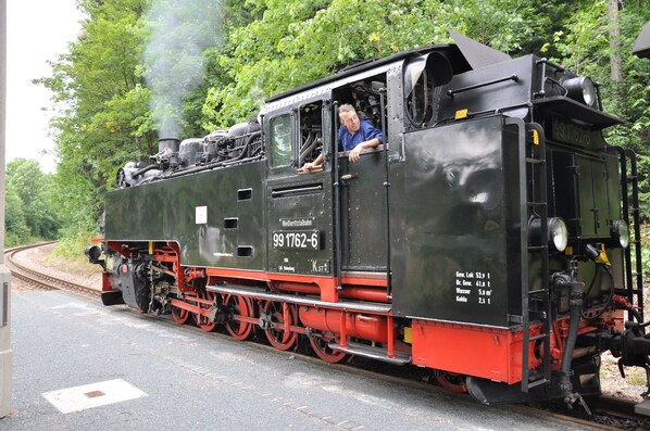 A steam locomotive with the number 991762-6 on a railway track surrounded by greenery.