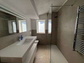 Combined shower/bathtub, jetted bath, hair dryer, towels