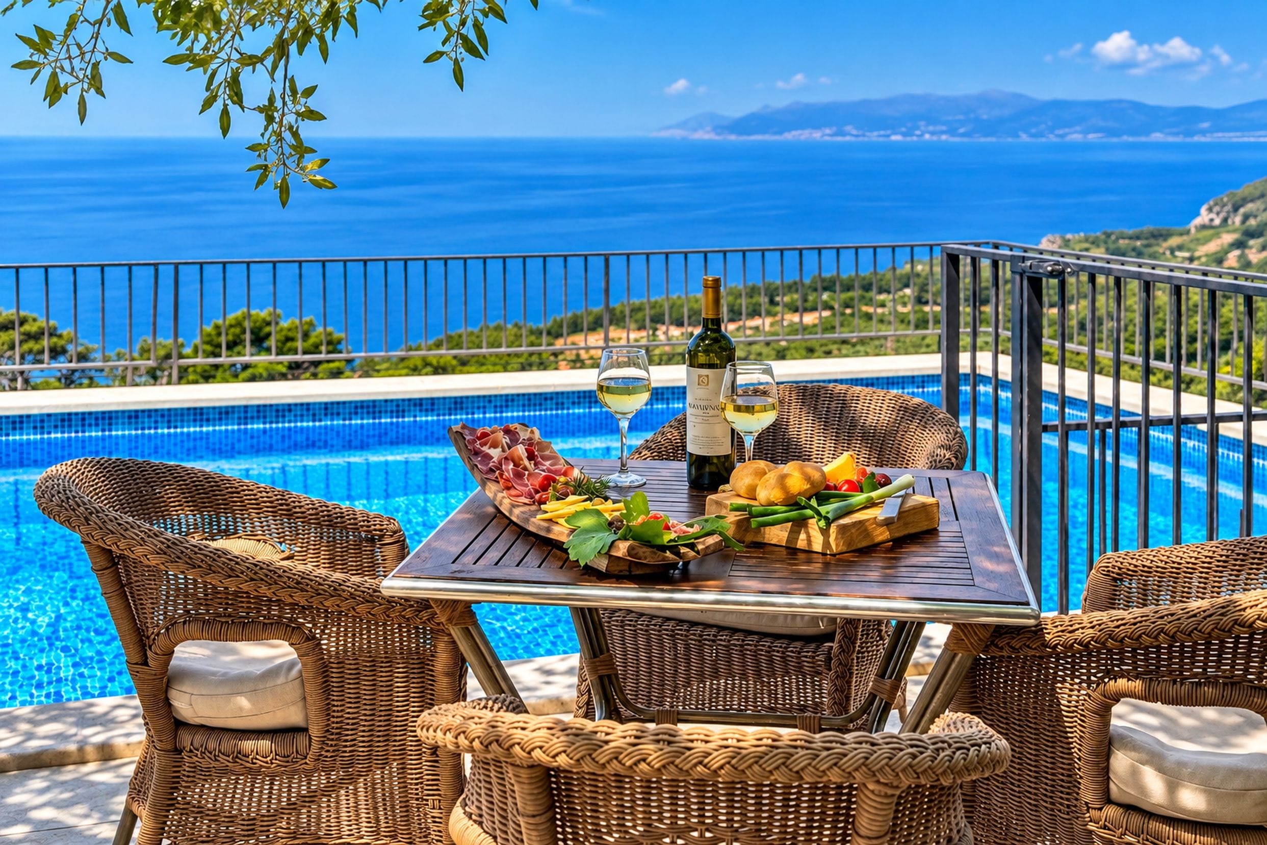 A dining table with a view of the sea, a bottle of wine, and a plate of food.