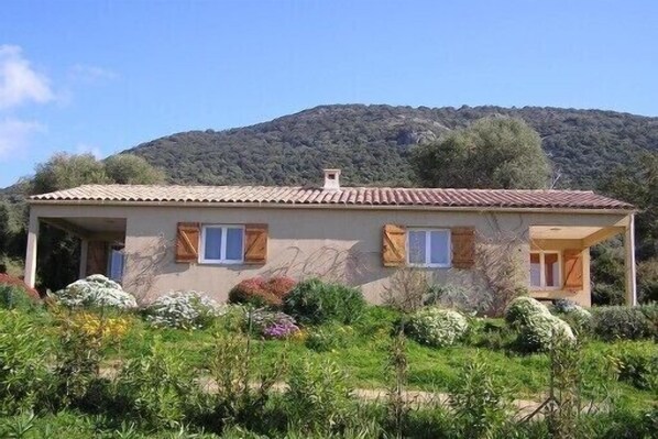 Une maison à deux étages, avec un toit en tuiles, des volets en bois et un jardin où poussent différentes plantes et fleurs.