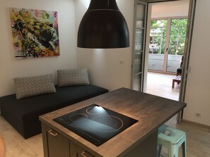 Une cuisine moderne dotée d’une plaque de cuisson à induction intégrée, d’un luminaire suspendu noir et d’un canapé noir agrémenté de coussins à motifs.