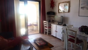 Un salon comprenant un canapé, une table basse, un téléviseur posé sur un meuble, une table à manger avec des chaises, et une grande fenêtre avec des rideaux.