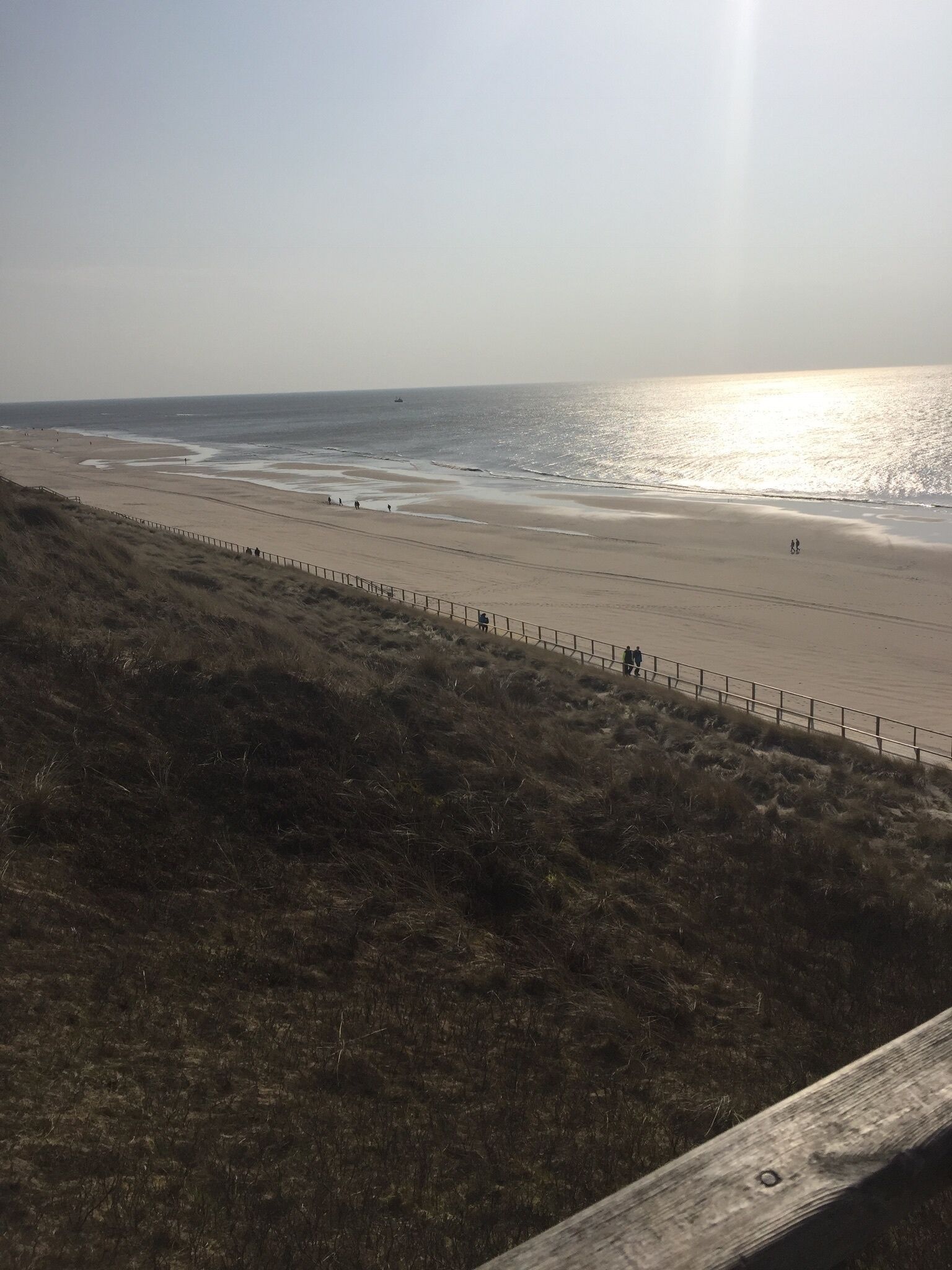 A beach with a wooden fence, sandy shore, and a boat in the water.
