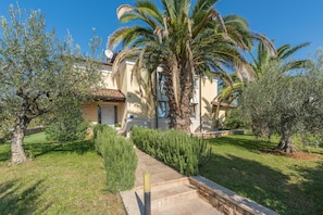 A Mediterranean-style villa with a well-maintained garden, a stone pathway, and a palm tree.