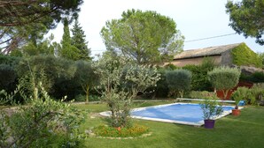 Un jardin bien entretenu, doté d’une piscine et bordé de différents arbres et arbustes.