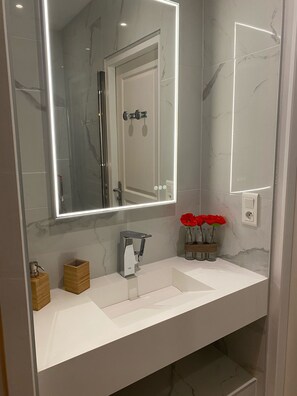 Shower, hair dryer, towels, toilet paper