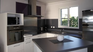 A modern kitchen with stainless steel appliances, white cabinetry, and a large window providing natural light. - MODERNITY, COMFORT, SWIMMING POOL, VIEW AT THE FOOT OF MONT VENTOUX (Modène)