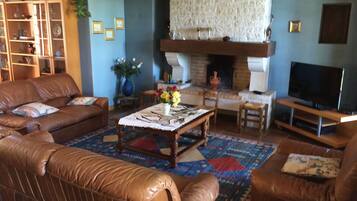 TV, fireplace, table football, ping pong