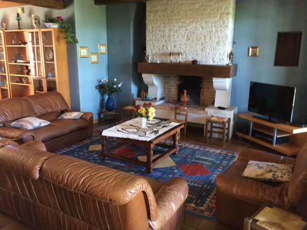 A living room with leather sofas, a coffee table with a vase, a fireplace, and a TV.