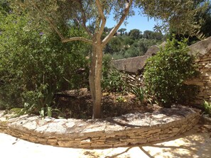 A stone wall surrounding a garden with various plants and trees.