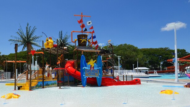 A water park with a pirate-themed play area, including slides and water jets. - Ocean Lakes Cottage Quiet Street, Shady Lot, 5000 Section Sleeps 7 (Myrtle Beach)