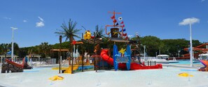 A water park with a pirate-themed play area, including slides and water jets. - Ocean Lakes Cottage Quiet Street, Shady Lot, 5000 Section Sleeps 7 (Myrtle Beach)
