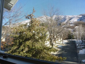 A view through a window with a mountain in the background, trees in the foreground, and a street with parked cars. - Oaks at Wasatch--call for discounted monthly off-season corporate rates (Cottonwood Heights)