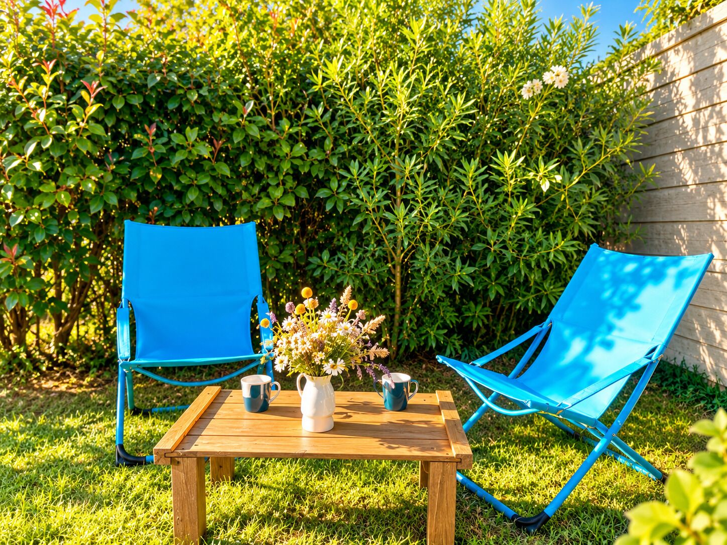 Two blue folding chairs, a wooden table, and a white pitcher with flowers.