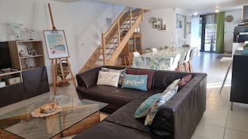 Televisión, chimenea, reproductor de DVD y libros