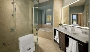 Shower, jetted tub, hair dryer, towels