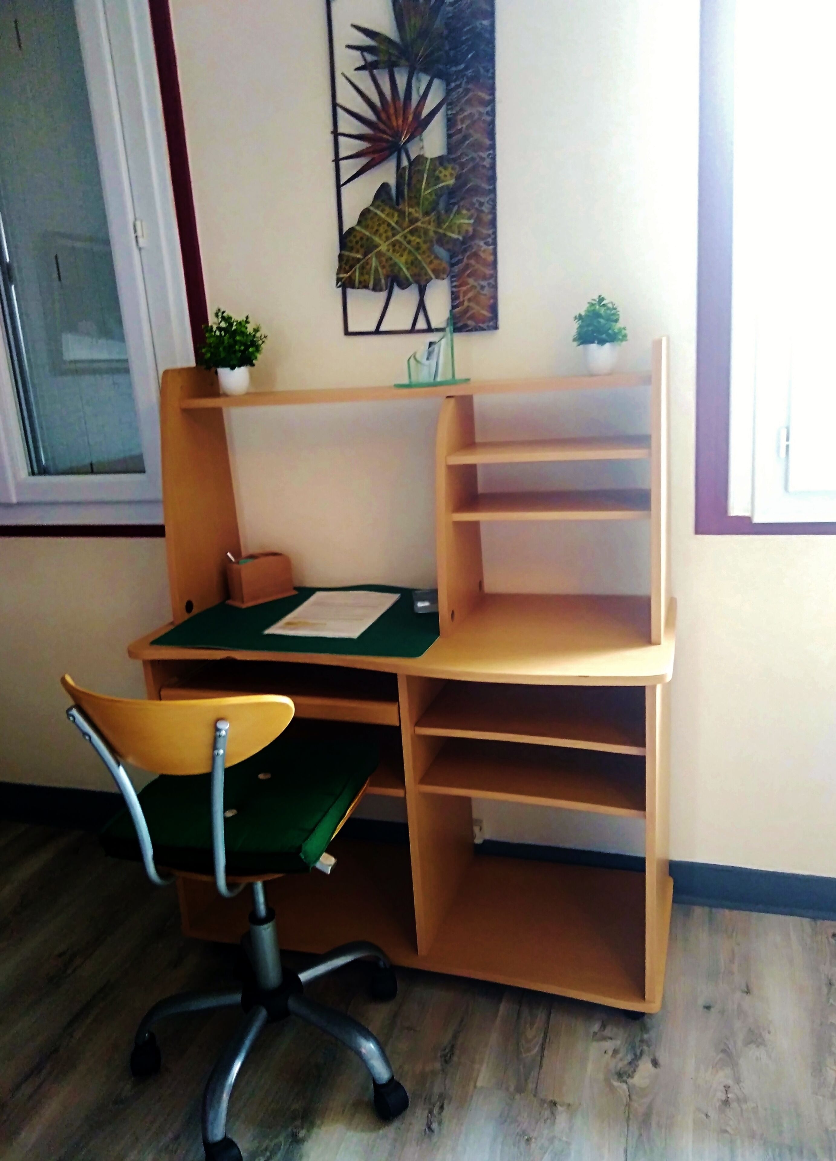 A compact office space with a wooden desk, a green chair, and a small potted plant.