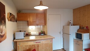 A compact kitchen with wooden cabinets, a white refrigerator, a microwave, and a small sink. - Studio Vallouise, Puy saint vincent, Pelvoux, Les Écrins. Magnificent view (vallouise)