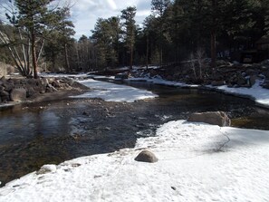 Une rivière dont les berges et les rochers sont couverts de neige, entourée d’arbres.