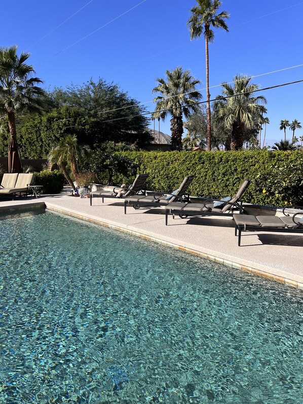 Relax by the serene pool surrounded by lush greenery and comfortable lounge chairs.