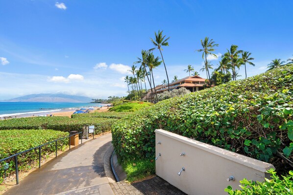 A pathway leading to a beach with palm trees and a view of the ocean. - Makena Surf • Bright and Airy Retreat • Steps to the Beach: Swim w/Turtles (Kihei)