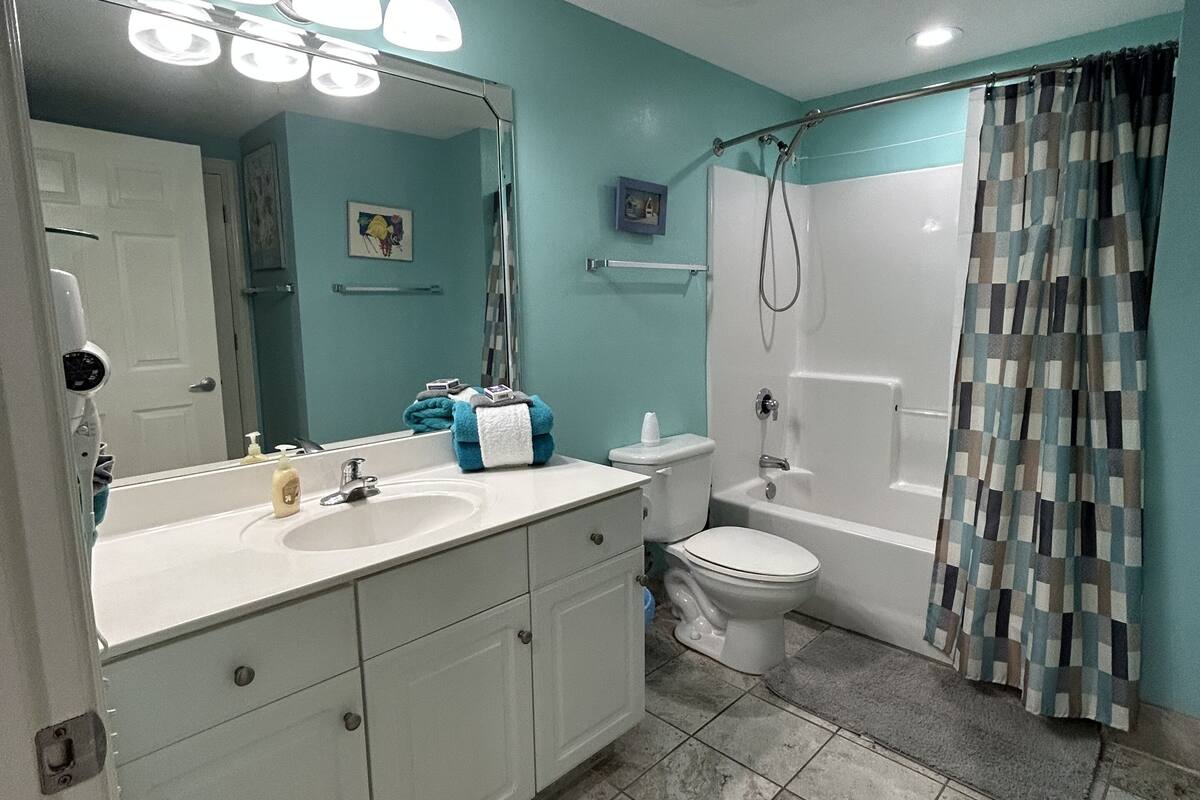 combined shower/bathtub, jetted bath, hair dryer, towels