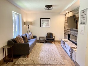 TV connectée, cheminée, jeux vidéo, lecteur de DVD