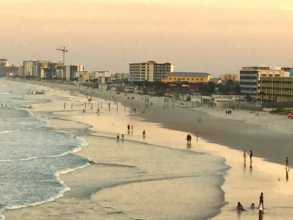 On the beach, sun-loungers, beach towels