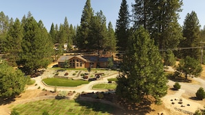A large house surrounded by a forest, with solar panels on the roof.