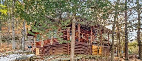 A rustic wooden cabin surrounded by trees, with a stone pathway leading to it.
