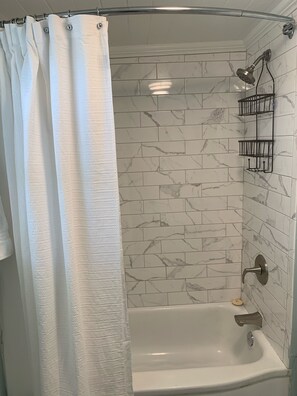 Combined shower/tub, hair dryer, towels, shampoo