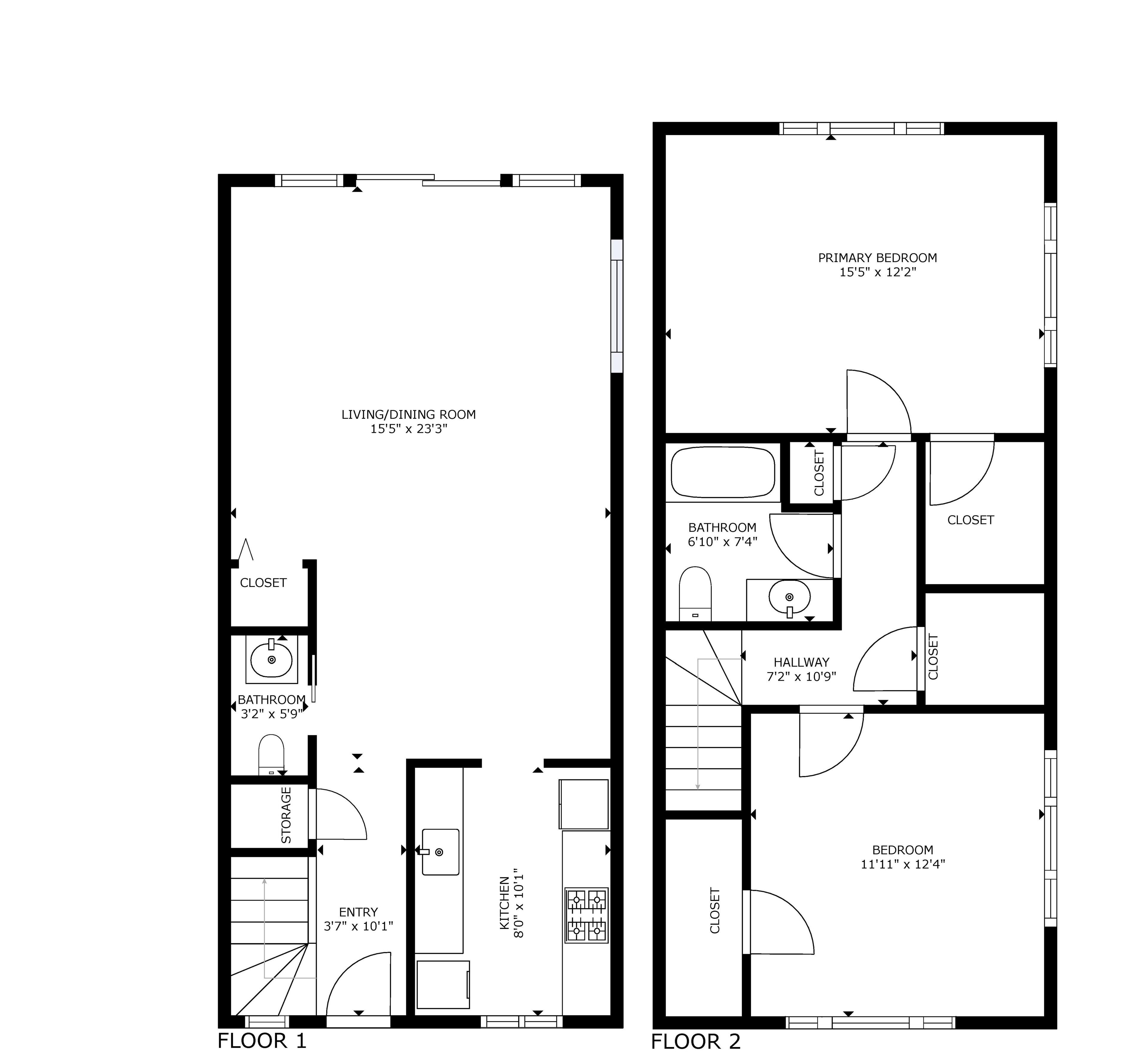 A floor plan of a two-bedroom apartment with a living/dining room, two bathrooms, a kitchen, and a hallway.