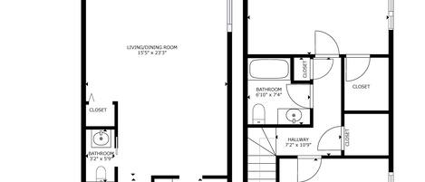 A floor plan of a two-bedroom apartment with a living/dining room, two bathrooms, a kitchen, and a hallway.