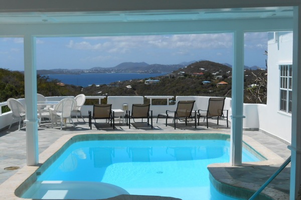 Pool with some Shade and Sunset View of St. Thomas