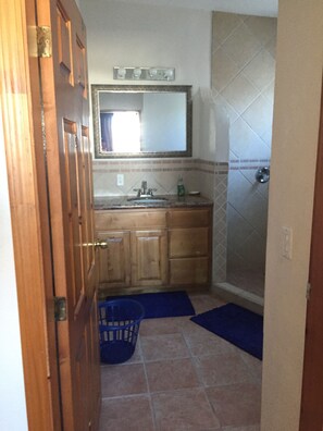 Combined shower/tub, hair dryer, towels, soap