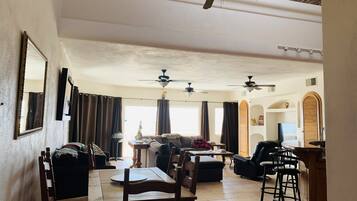 Smart TV, fireplace, DVD player, books