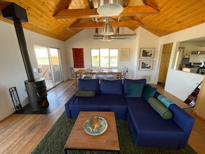 Smart TV, chimenea, reproductor de DVD y libros