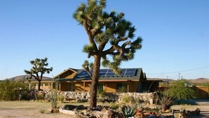 Una casa de estilo desértico con un mezquite en primer plano, paneles solares en el techo y un muro de piedra que rodea la propiedad.