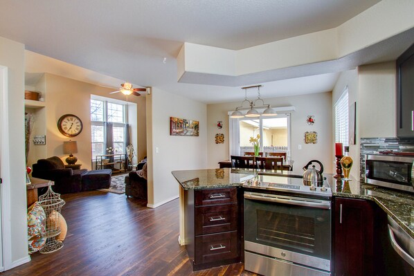 Fridge, microwave, oven, stovetop