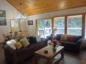 Smart TV, fireplace, DVD player, books