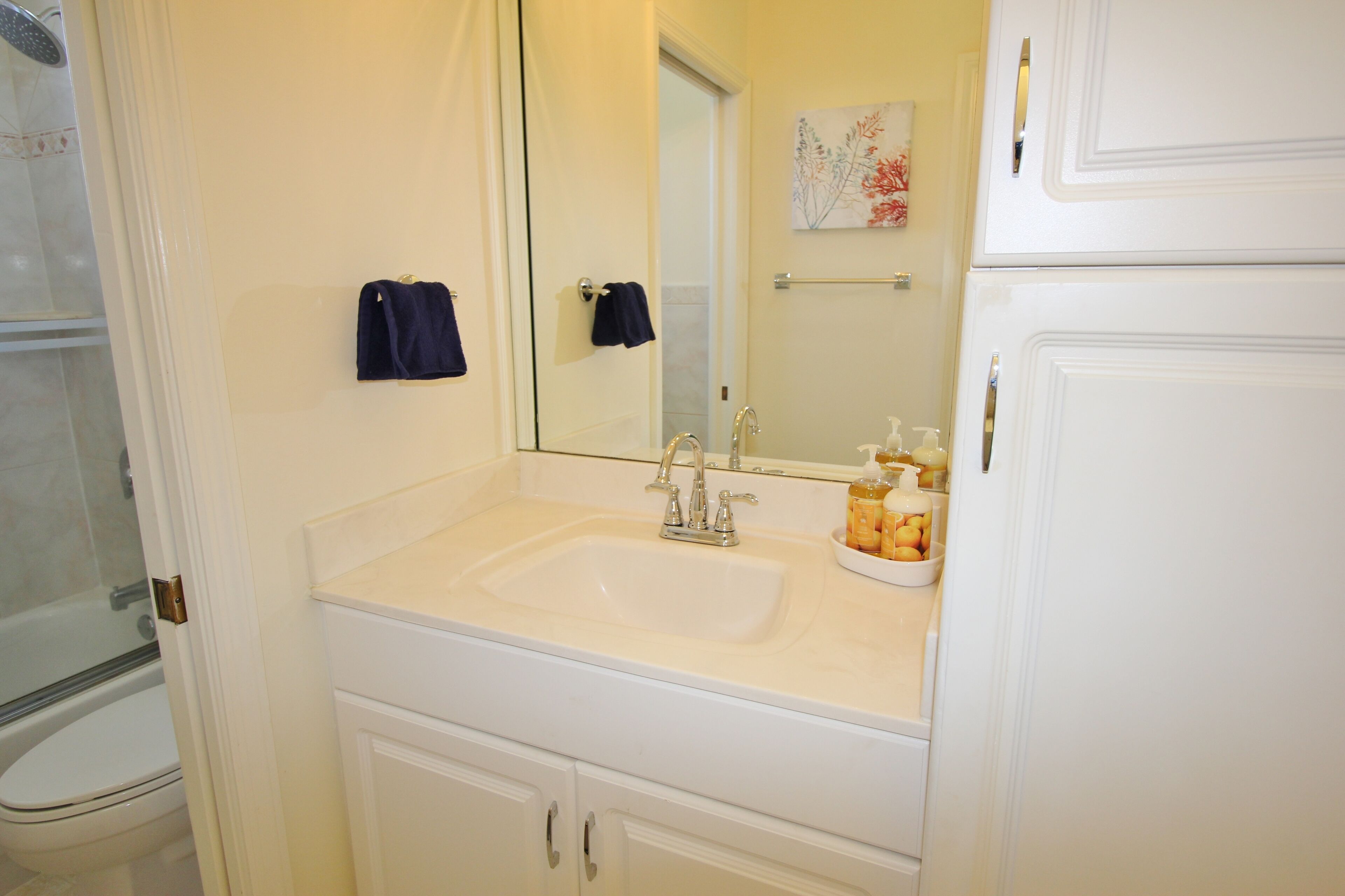 Een badkamer met een witte wasbak, een spiegel, een handdoekhouder en een toilet.