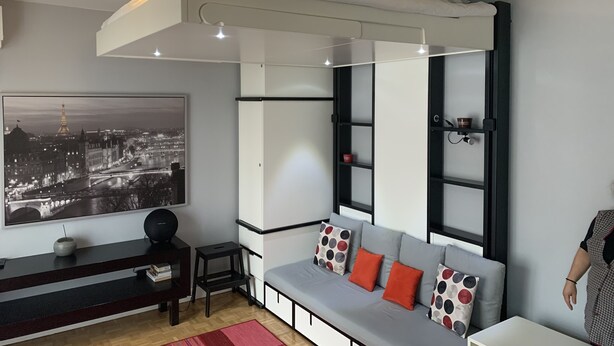 A modern living room with a sofa, a coffee table, a TV, and a bookshelf. - Modern Cozy Studio in the heart of Paris (Paris)