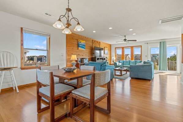 Smart TV, fireplace, books, stereo