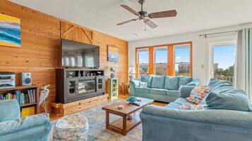 Smart TV, fireplace, books, stereo